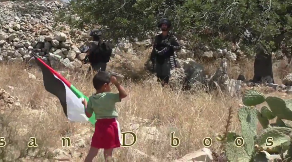 Palestinian child pushed towards soldier video screen shot throwing rock